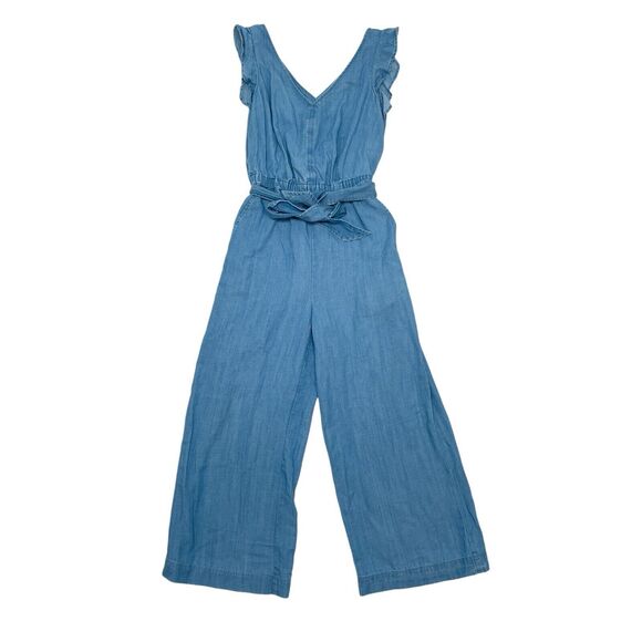 LOFT Pants - Ann Taylor LOFT Jumpsuit XS Chambray Linen Sleeveless Ruffle Tie Front V Neck
